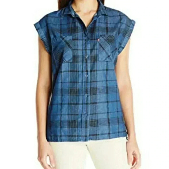 Levi's Plaid Chambray Button Down Top - Picture 1 of 7